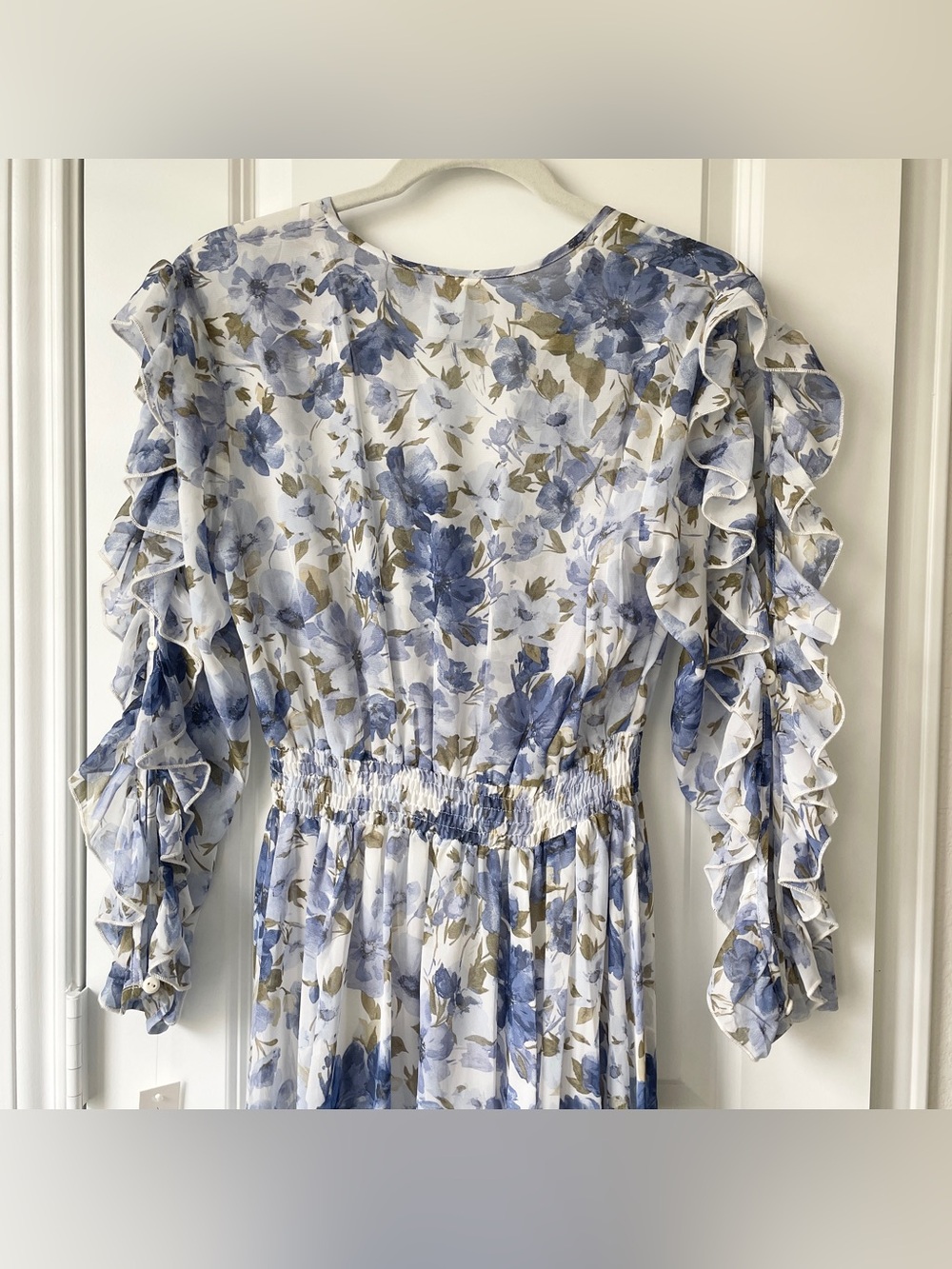 Womens Blue Floral Wrap Maxi Dress Ruffle Sleeves VNeck Boho Summer Wedding Chic - Picture 10 of 14